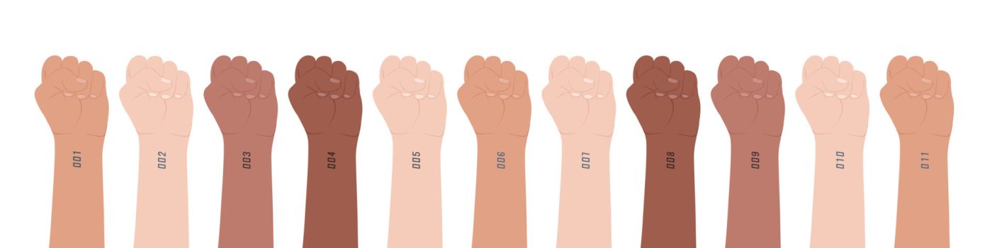 clenched hands set different skin colors multiethnicity multinationality on wrist of each hand is tattoo with serial number preserving identity in faceless digital world illustration vector